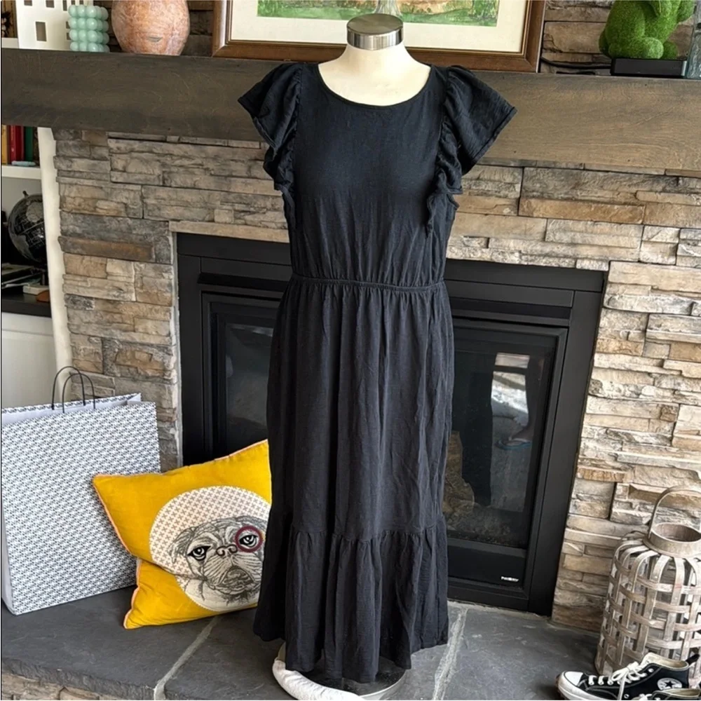 J. Crew Black Ruffle Sleeve Maxi Dress